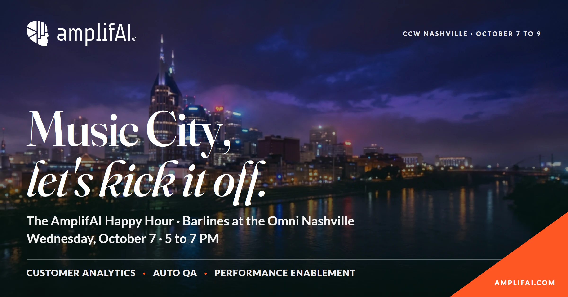 Music City, let’s kick it off: the AmplifAI Happy Hour at Barlines in the Omni Nashville, Wednesday, October 7, 5 to 7 PM, over the Nashville skyline at night